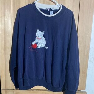 Vintage Navy Blue Cat Embroidered Sweater